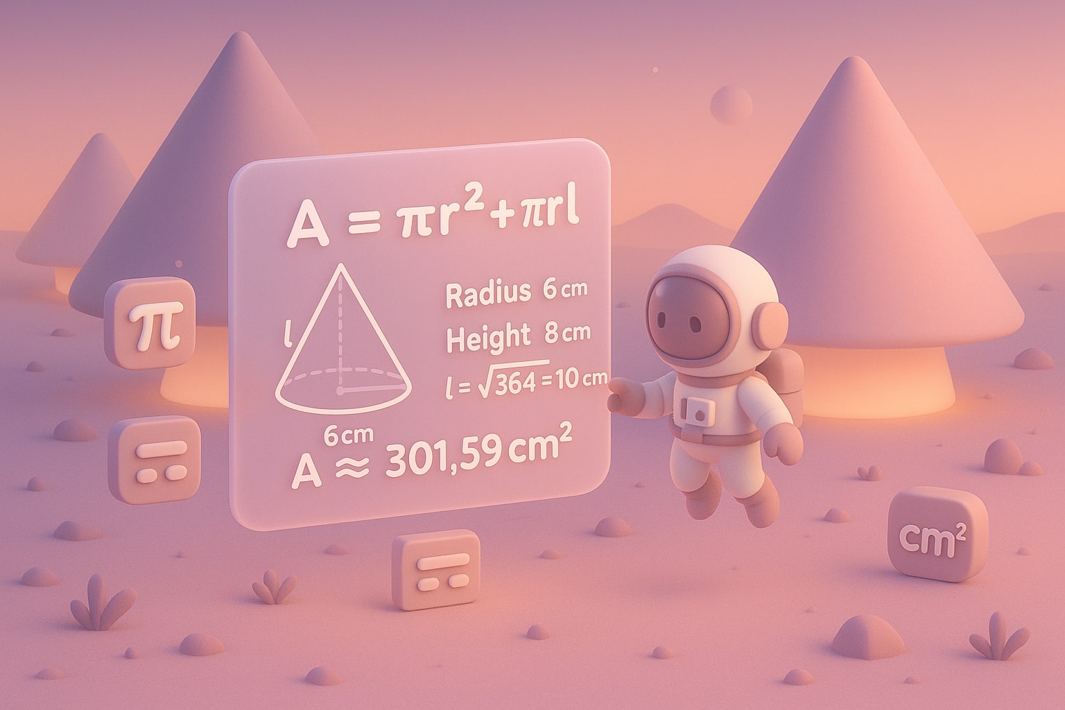 입력 칸과 즉각적인 결과를 제공해 사용자가 쉽게 문제를 해결하는 원뿔 겉넓이 계산기 작동 방식 일러스트